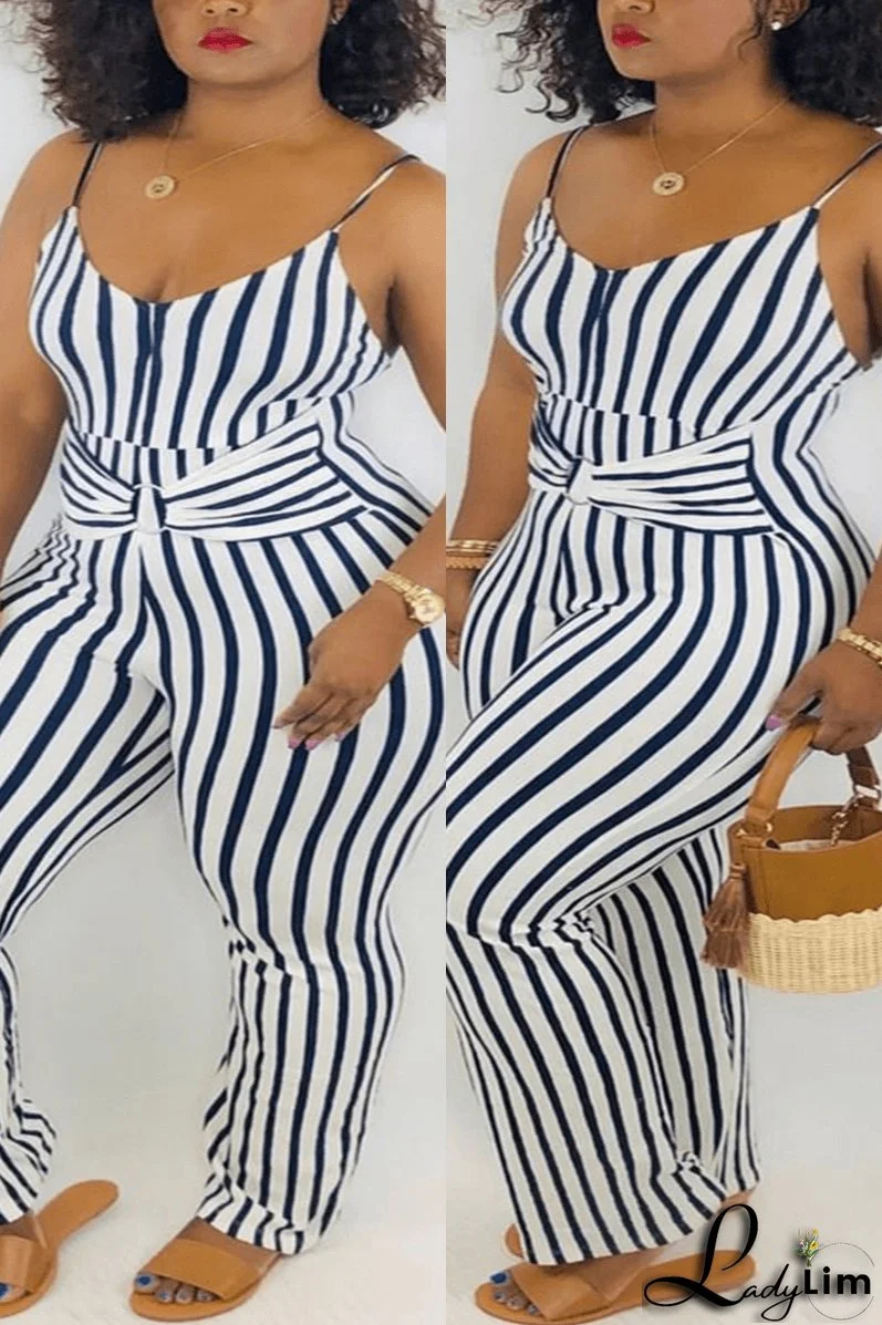 Fashion Sexy Spaghetti Strap Striped Plus Size Jumpsuit