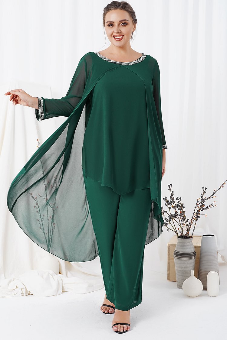 Flycurvy Plus Size Casual Green Chiffon Jewel Neck 3/4 Sleeve Two Piece Pant Suit  flycurvy [product_label]