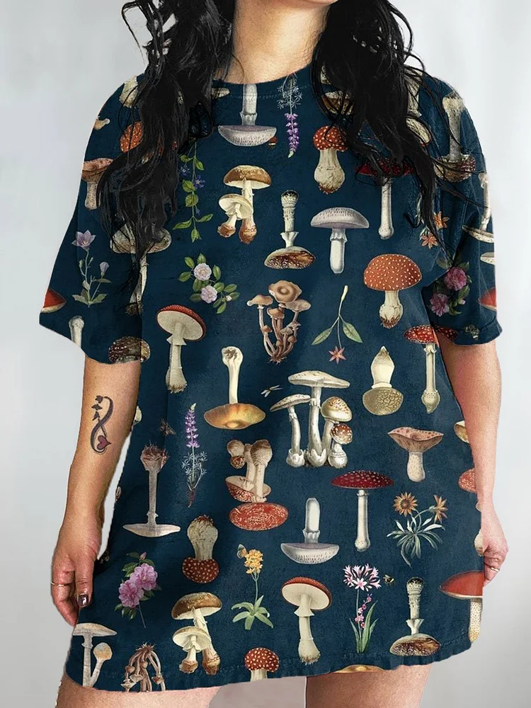 Women's Mushroom Art Print Crew Neck Causl Shirt