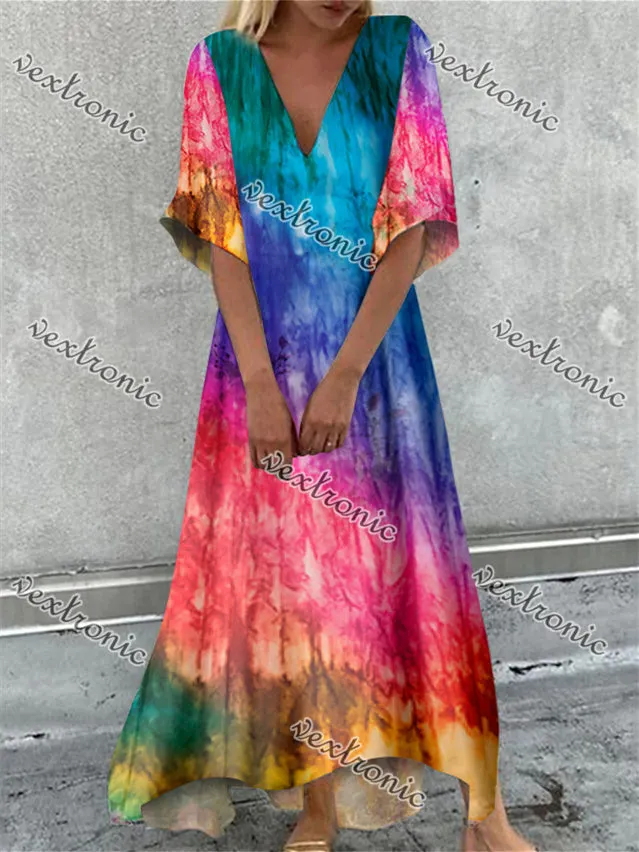 Women's Colorful V-Neck Half Sleeve Graphic Maxi Dress
