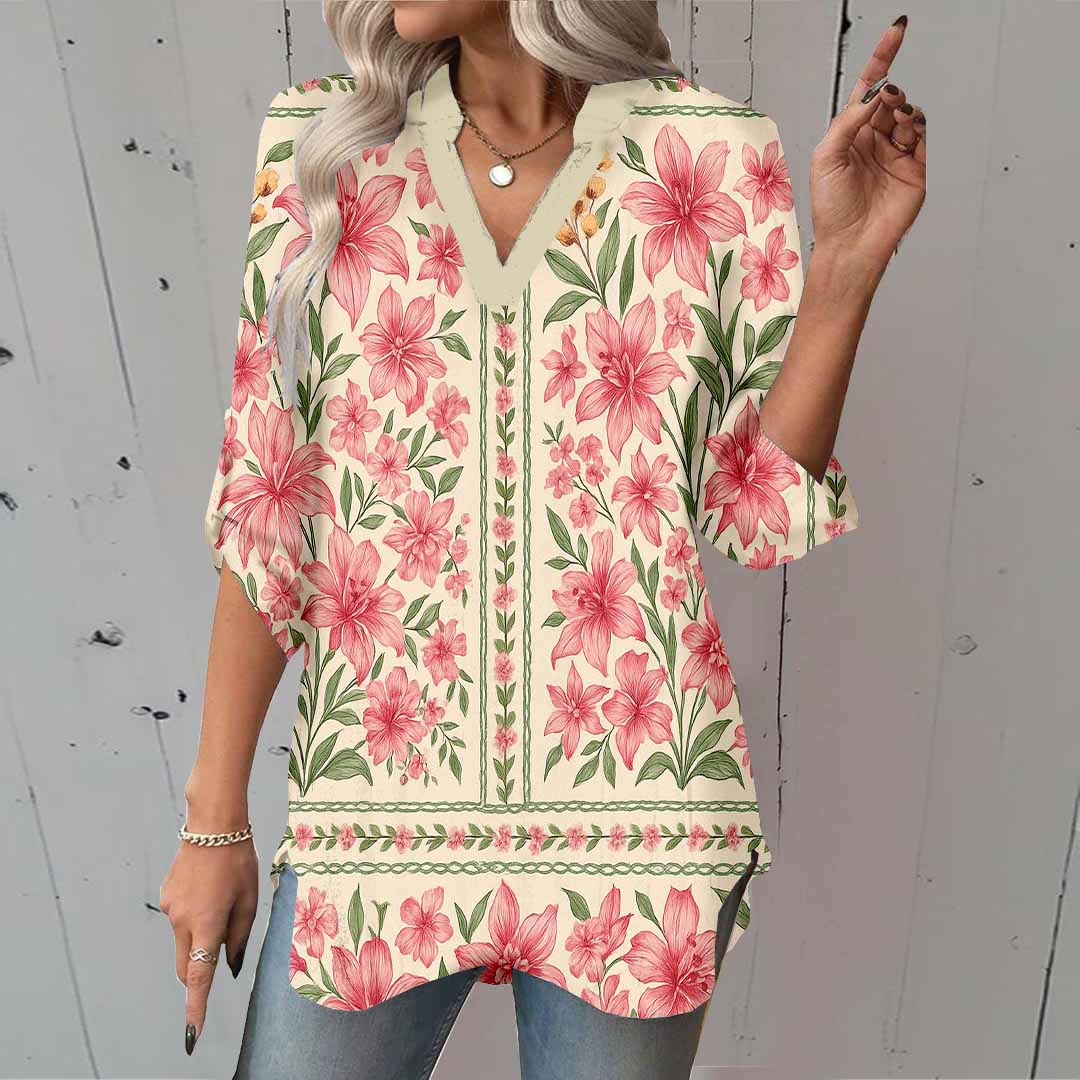 Women Tropical, Floral, Green, Pink DZGA0078 3/4 Sleeve V-neck Printed Graphic Button Tops