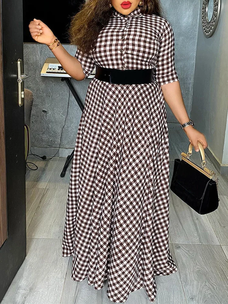Plaid Button Short Sleeve Lapel Maxi Dress SKUJ23663 QueenFunky