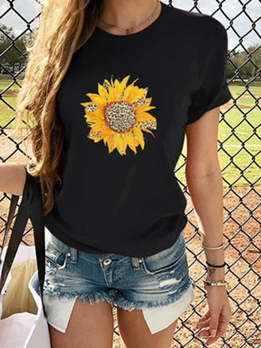 Leopard Sunflower Print Short Sleeve T-shirt