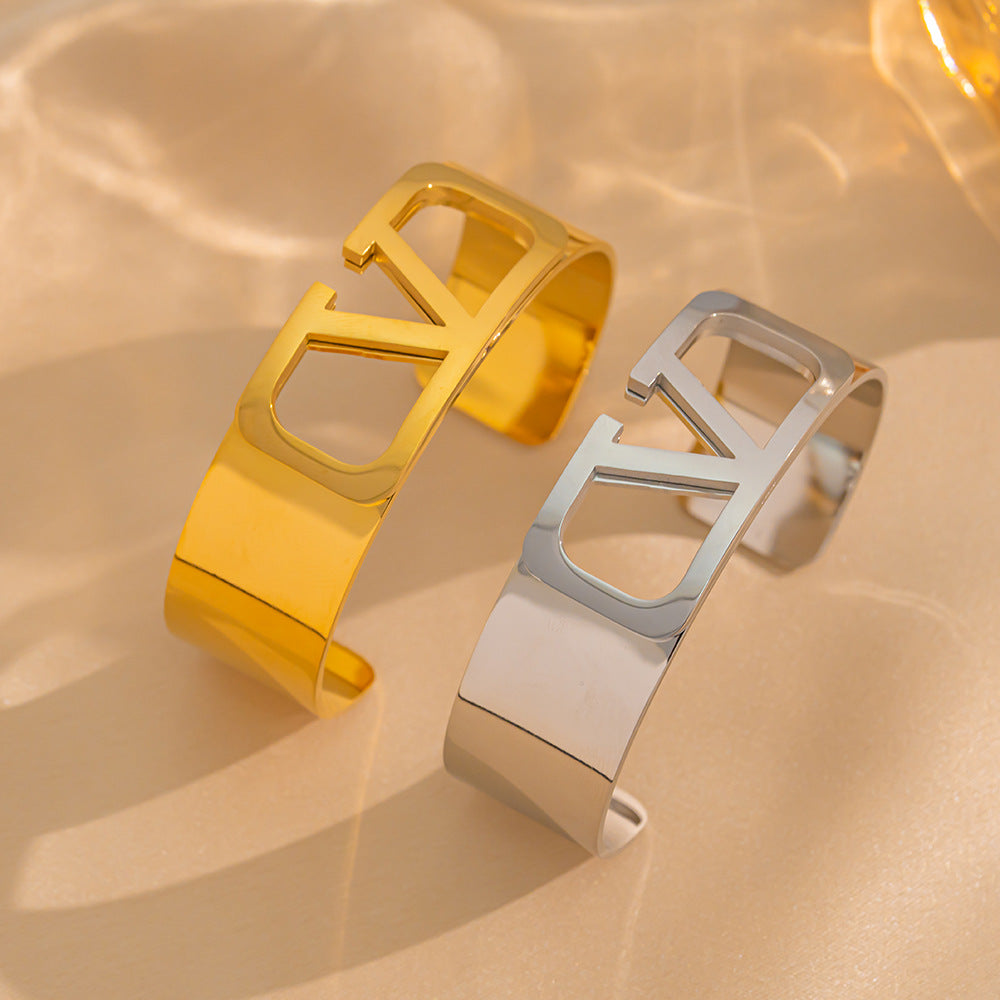 Wide Titanium Steel Bracelet C-Shaped Opening Size Adjustable Letters Simple And Stylish Design