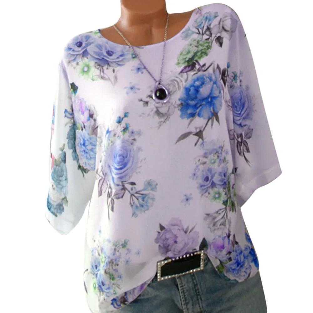 Women Plus Size S-5XL Blouse Loose Floral Print Slash Neck Blouse Pullover Tops Shirt womens tops and blouses camisas mujer NEW