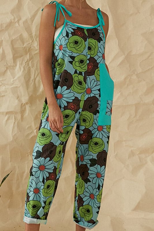 Floral Tie Shoulder Jumpsuit With Pockets - BlackFridayBuys