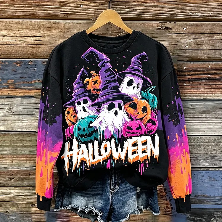 Women's Halloween Pattern Crew Neck Sweatshirt - Ghost And Witch Hat Pumpkin Print Pullover