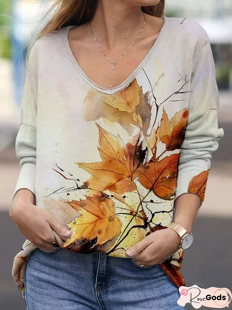 Casual V Neck Leaf T-Shirt