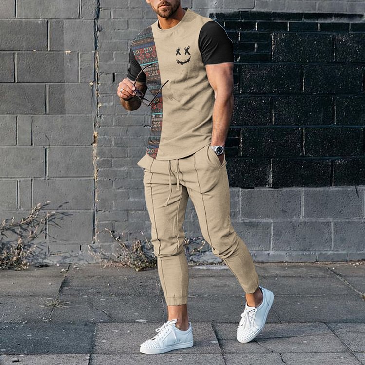Colorful Geometric & Smile Face Print Patchwork Printing Short Sleeve T-Shirt And Pants