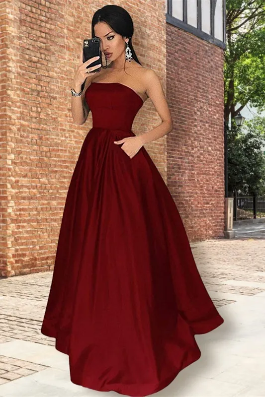 burgundy strapless prom dress Burgundy Strapless Tulle Long Prom Dress with Beaded, Burgundy Tulle F main image 0
