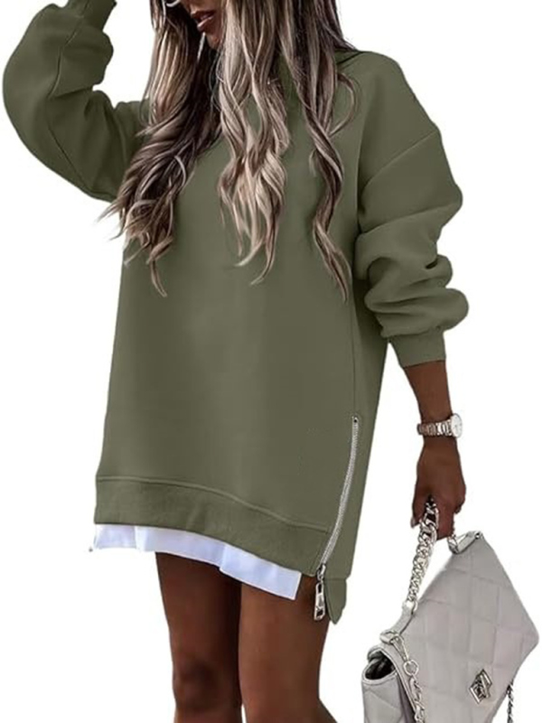 Mature Women Fashionable Stitching Side Zipper Design Pullover Sweatshirt