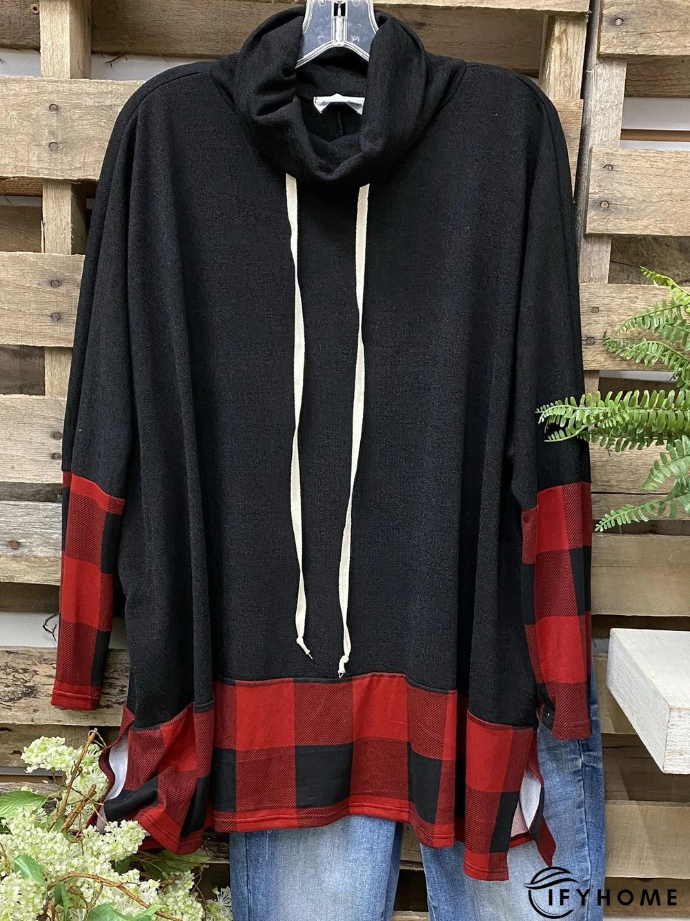 Cowl Neck Cotton-Blend Color-Block Long Sleeve Top | IFYHOME