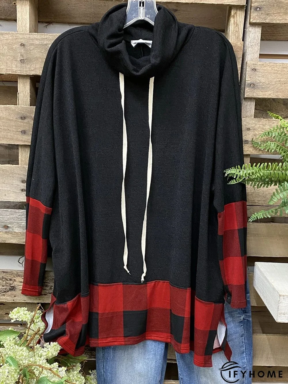 Cowl Neck Cotton-Blend Color-Block Long Sleeve Top | IFYHOME