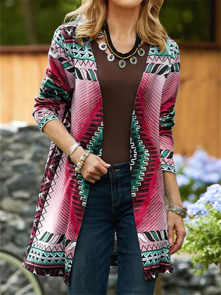 Autumn and Winter New Geometric Pattern Printed Loose Women's Street Style Long Sleeve Cozy Cardigan Top