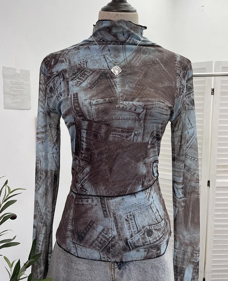 Nigikala Nigikala Shooting Denim Pattern Dye Printing Retro Babes Thin Mesh T-Shirt High-Necked Long Sleeve Bottom Shirt Top 9950