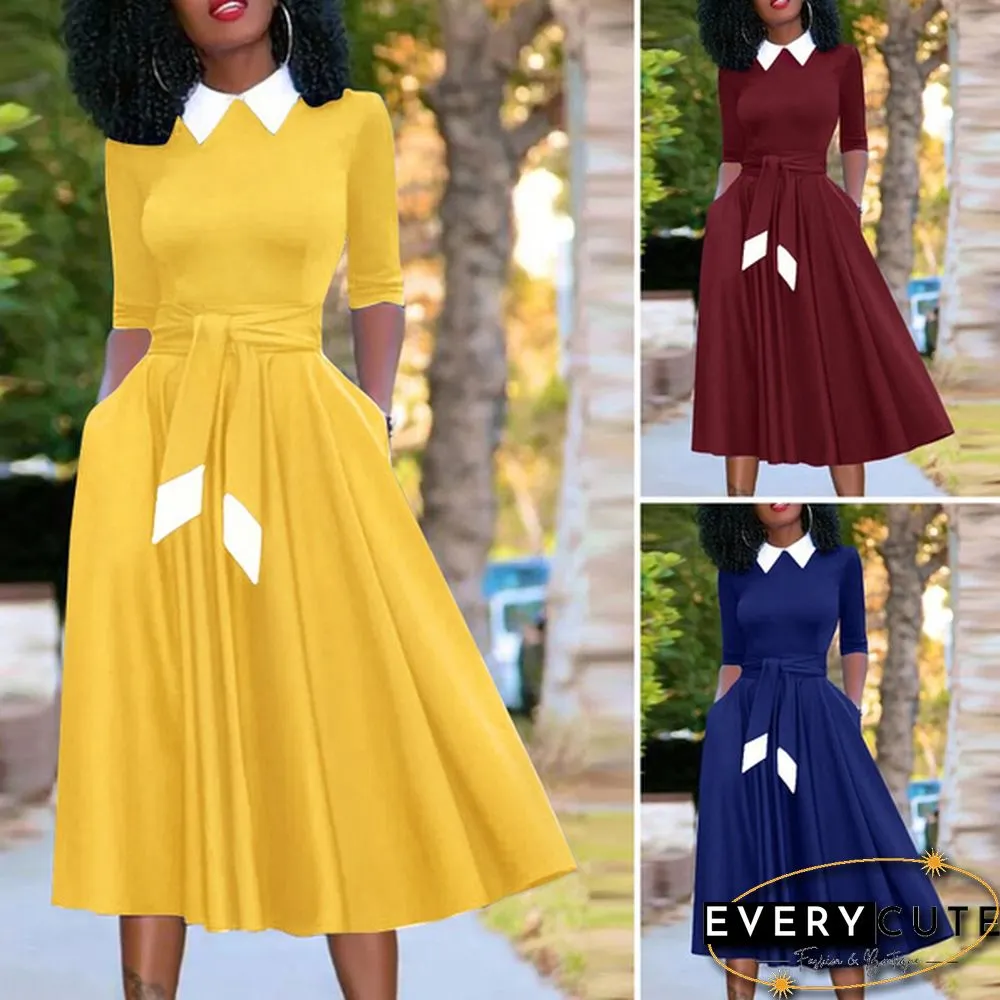 Womens Full Sleeved Autumn Belt Solid Slim Party Side Pockets Retro A-Line Pleated Long