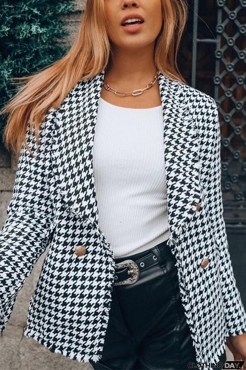 Houndstooth Print Woolen Coat