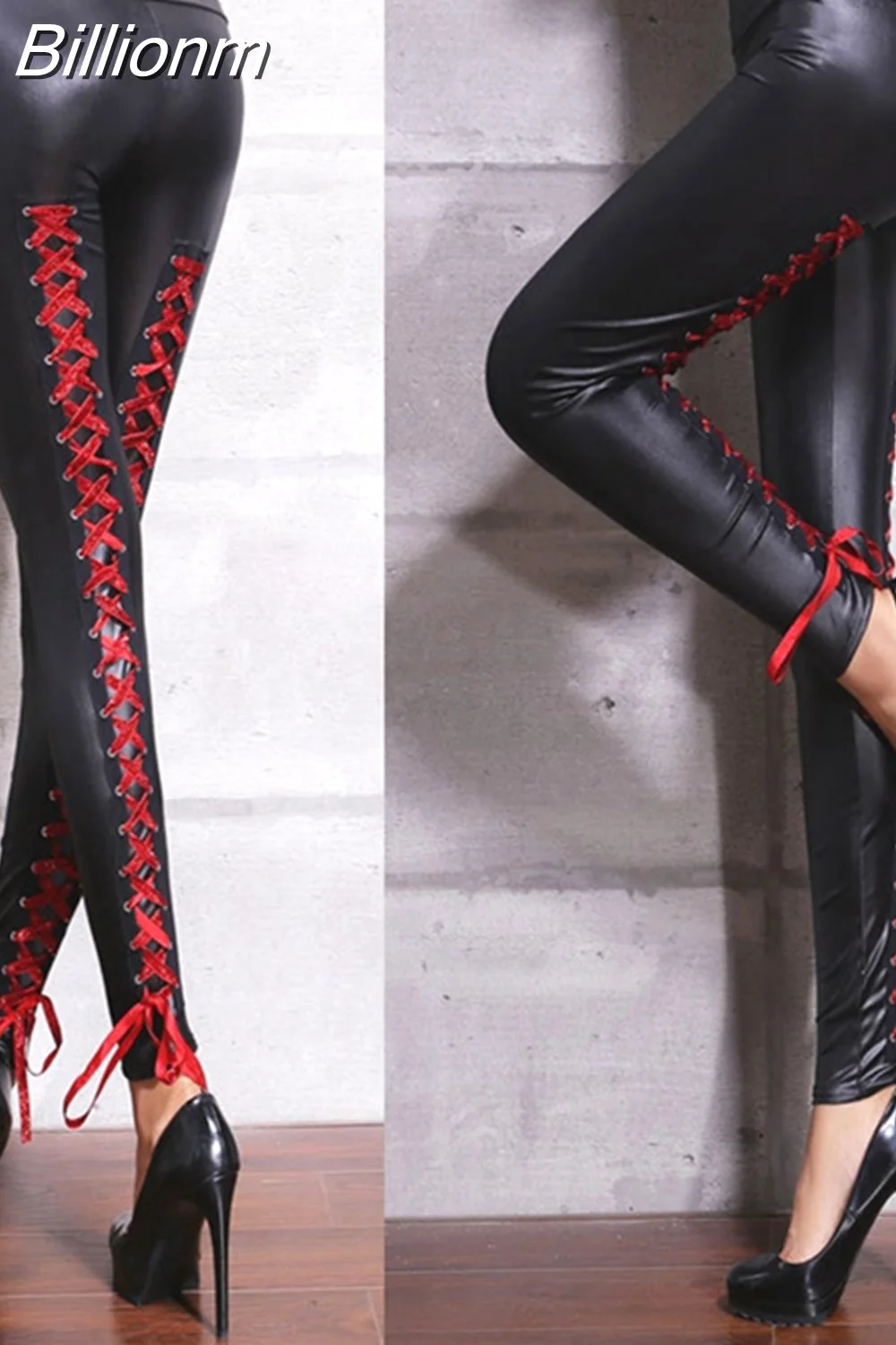 Billionm Women Sexy Wetlook Faux Leather Lingerie Exotic Lace Up Pants Pu Leggins Latex Catsuit 5376