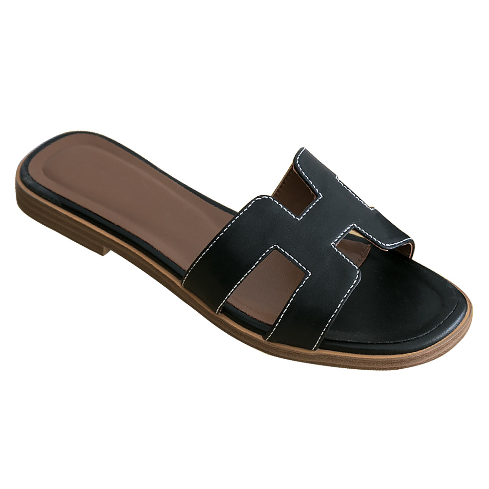 H-shape Leather Slipper Black Matte-vocosishoes