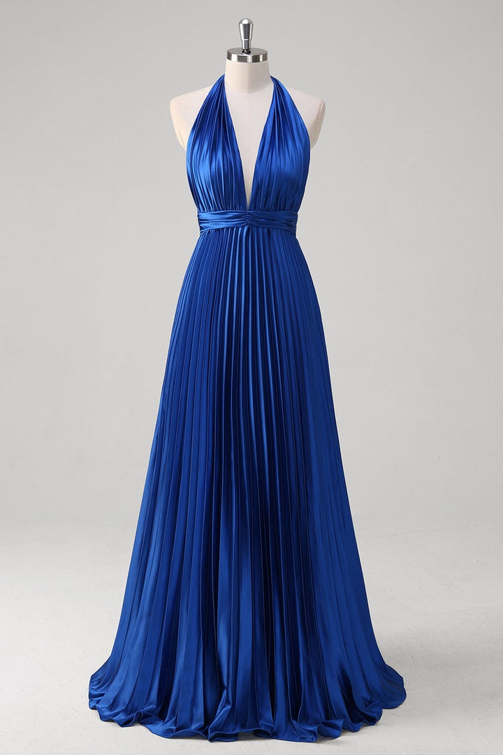 Ovlias Romantic Royal Blue Halter Sleeveless Pleated Draped Prom Dress LY0616