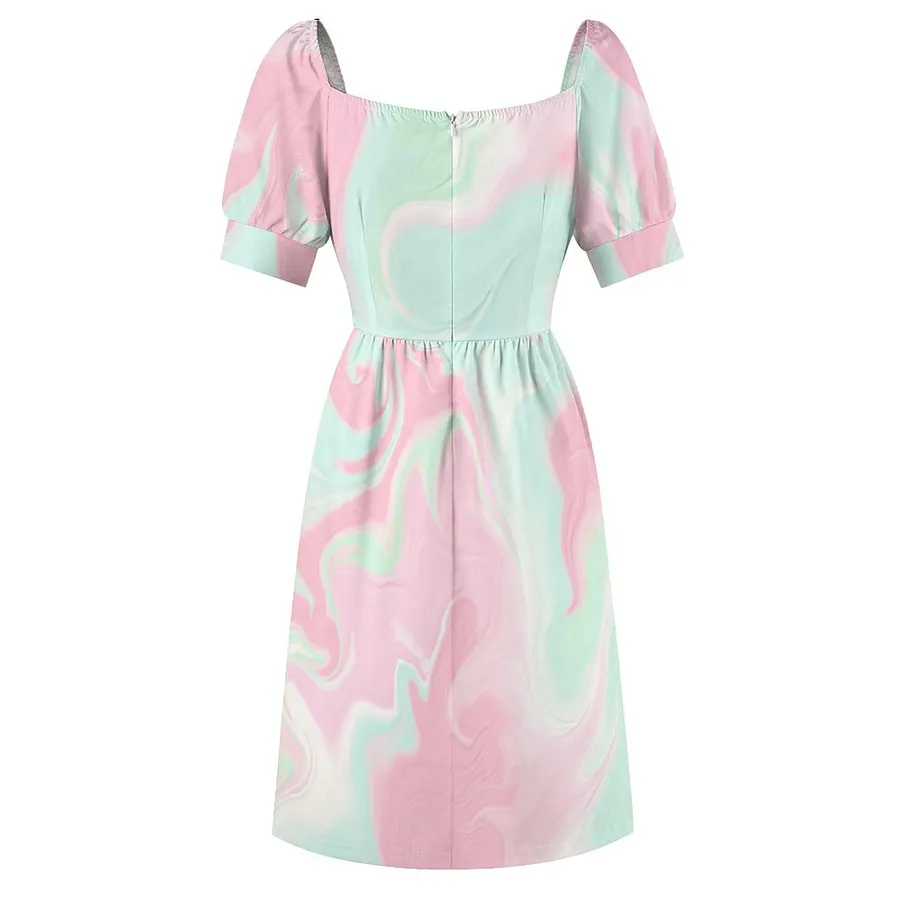 Pretty Soft Mint Green Pink Swirl Design Valentine Dress Women Boho High Waist Flared Puff Sleeve Cute Sweetheart Midi Dress Pink-L