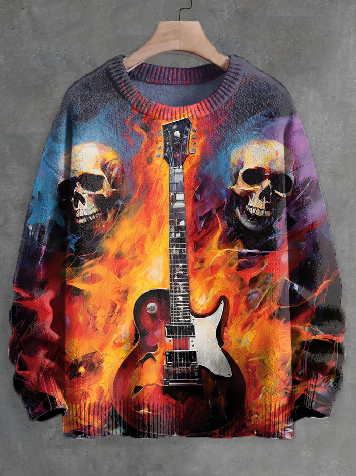 Men's Skull In Flames Guitar Music Art Print Knit Sweatshirt