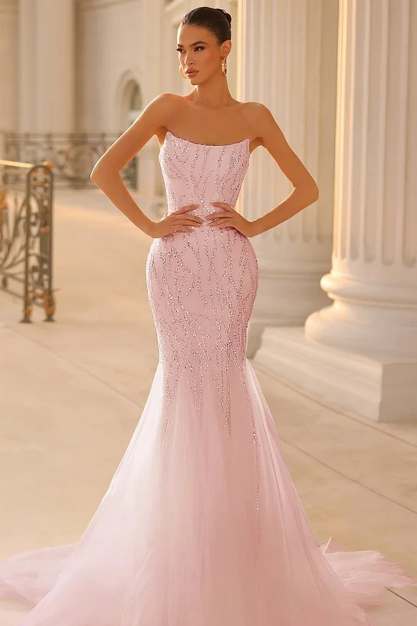 Daisda Pink Sleeveless Strapless Beads Embroidery Mermaid Prom Dress
