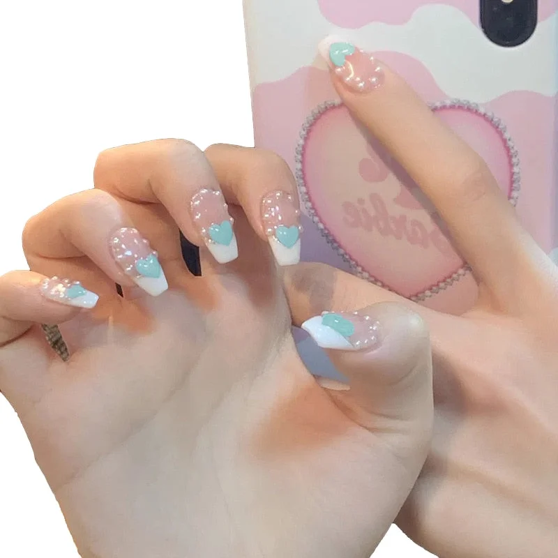 24pcs French False Nail With Rhinestones Summer Nail Tips Press on Nail Sky White Cloud Fake Nails with Glue Ballet Nail Art-Nail Inspo
