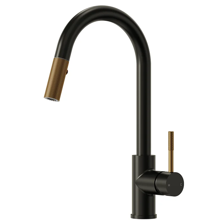  EVERSTEIN Knurled High Arc Pull Down Kitchen Faucet in Black & Gold