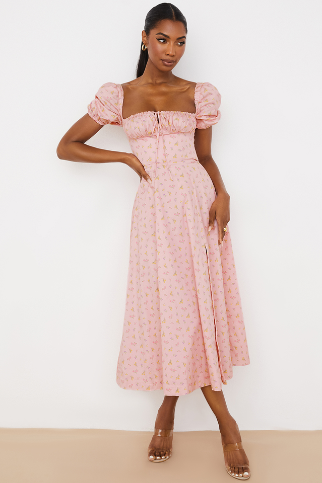 Floral Puff Sleeve Boho Midi Dress