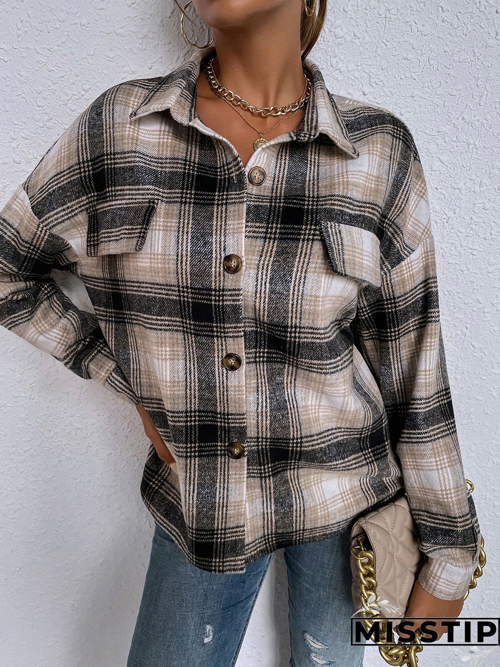 Classic Thick Colorblock Checked Button Down Shirt Jacket Woolen
