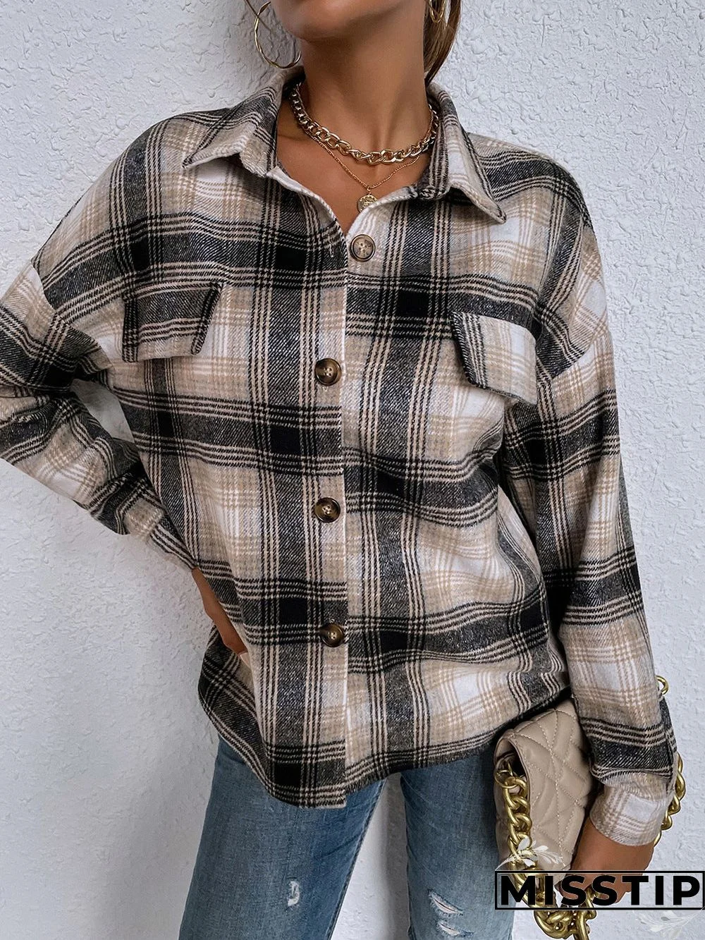 Classic Thick Colorblock Checked Button Down Shirt Jacket Woolen