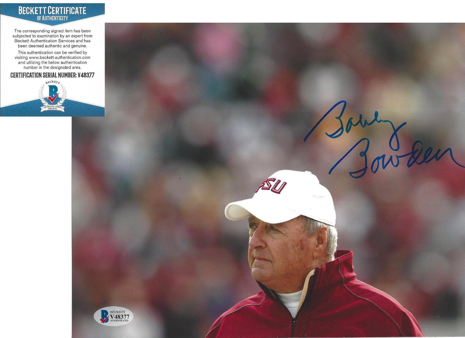 COACH BOBBY BOWDEN FLORIDA STATE SEMINOLES SIGNED 8x10 Photo Poster painting J BECKETT COA BAS