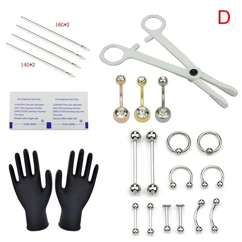 Body Piercing Kit With Needle Pack Nose Septum Belly Button Piercing Tool Kit Ear Tragus Nipple Eyebrow Labret Pircing Set Clamp