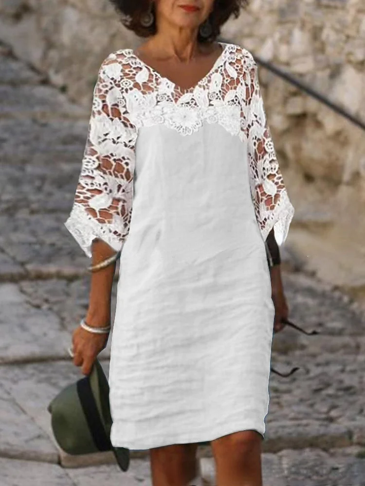 Women's One Line Collar Cotton Linen Solid Short Sleeved Dress