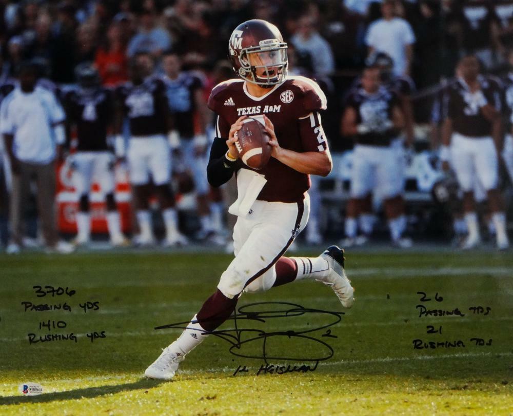 Johnny Manziel Signed Texas A&M 16x20 PF Photo Poster painting Looking to Pass 5 Insc-Beckett