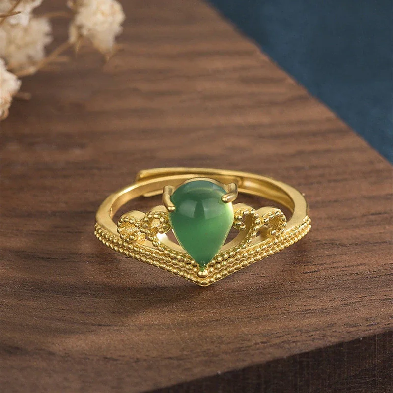  Chinese Vintage Gilded Enamel Jade Ring – Open Design, Courtly Style for Cheongsam, Hanfu & Ethnic Wear, Crown-Inspired Women's Ring
