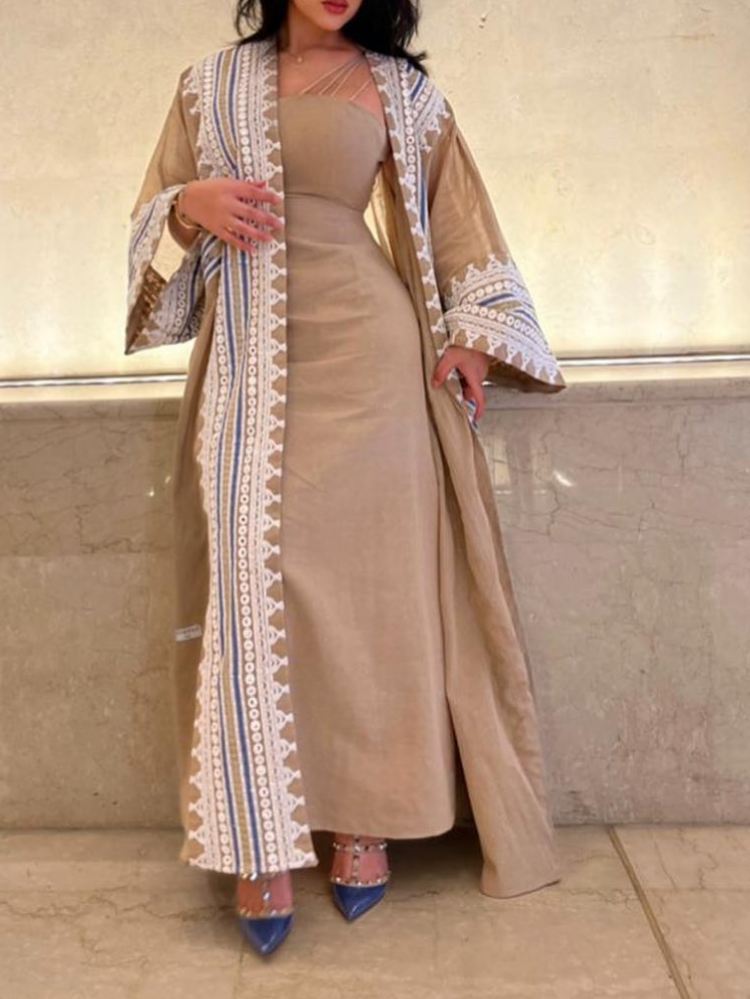 straps solid color slim dress with flared sleeves embroidery cardigan kaftan set فساتين