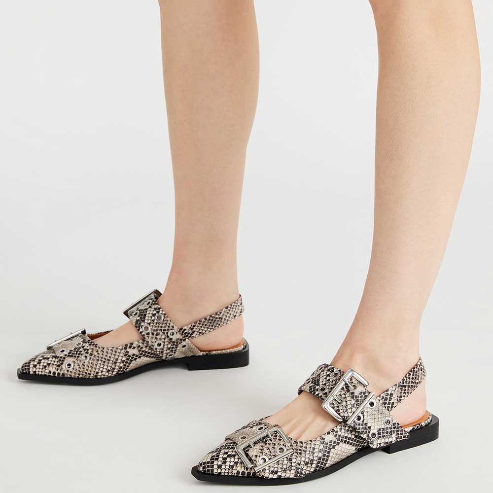 Gray Snakeskin Snip Toe Flat Studded Buckled Strappy Slingbacks Nicepairs