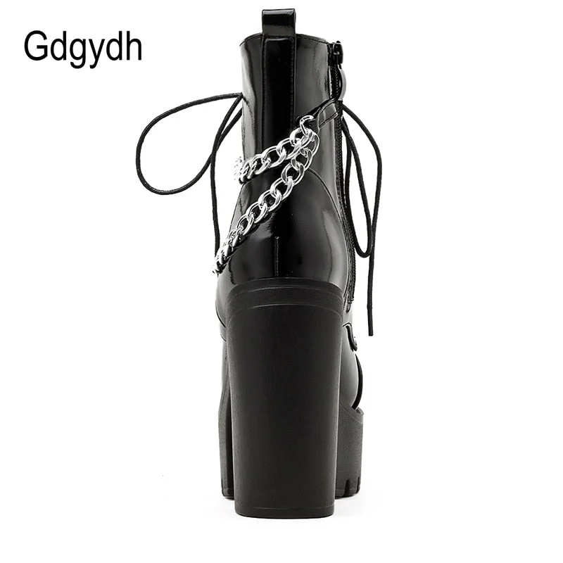 Gdgydh Black Gothic Women Shoes Autumn Ladies Ankle Boots High Heels Sexy Chain Punk Style Patent Leather Boots For Party Zipper