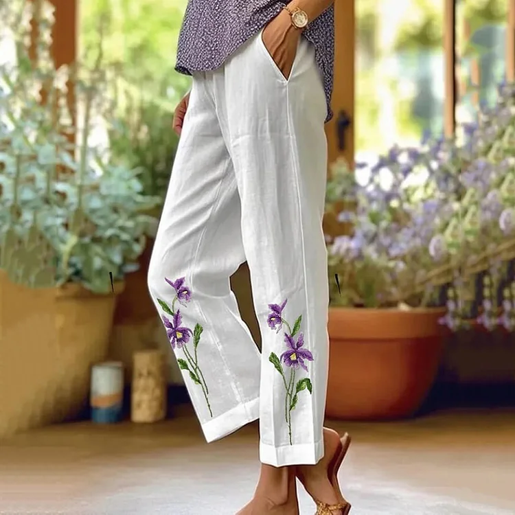 VChics Women's Retro Purple Flower Loose Pocket Splicing Casual Pants