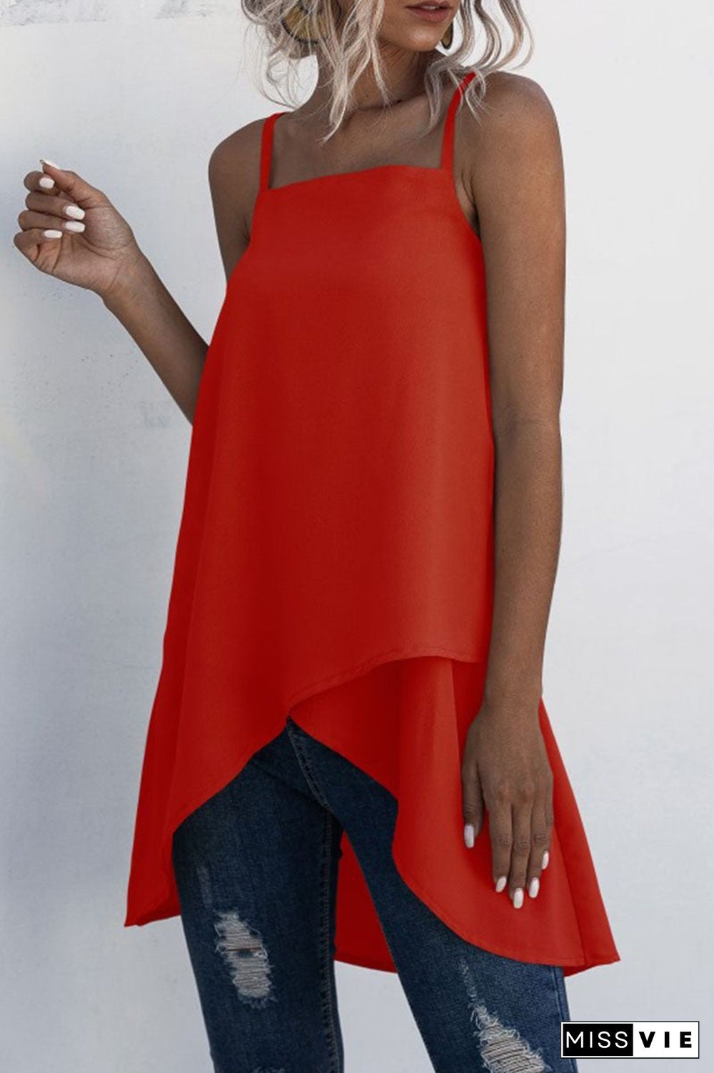 Fashion Casual Solid Split Joint Asymmetrical Spaghetti Strap Tops