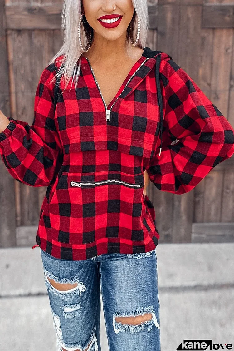 Buffalo Plaid Zipped Front Pocketed Hoodie