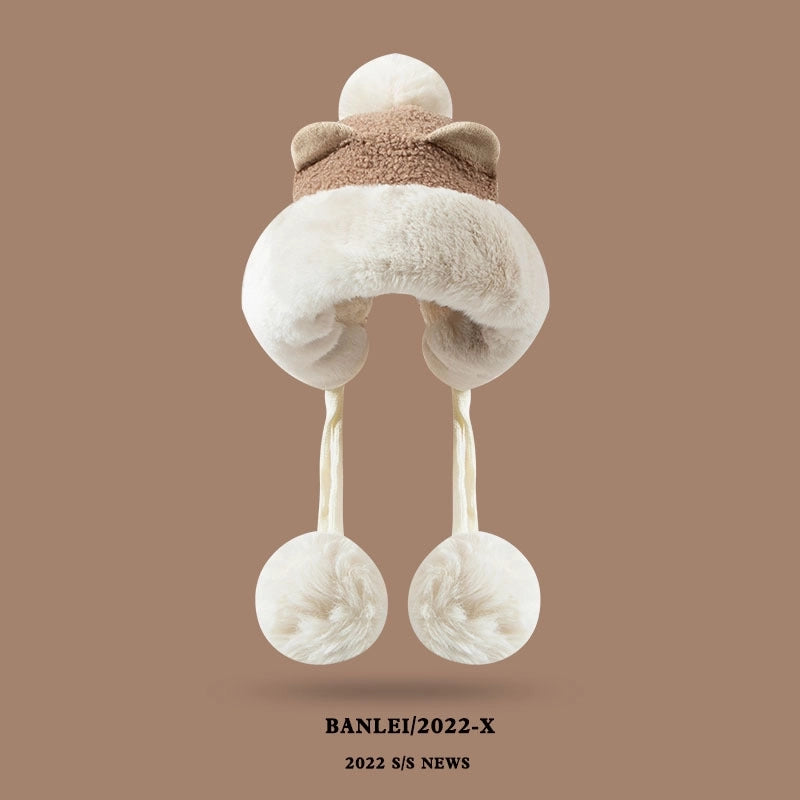 Winter Korean Style Versatile Cute Ear Plush Hat Women’s Fleece-lined Ear Protection Lei Feng Hat Women’s Warm Toe Cap Fashion