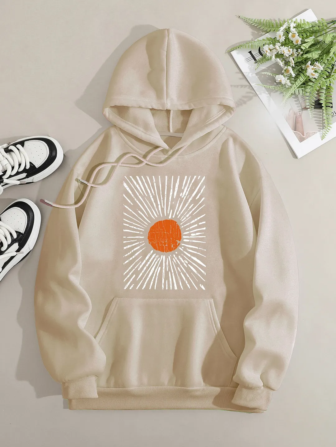 Printed on front Kangaroo Pocket Hoodie Long Sleeve for Women Pattern Sunset