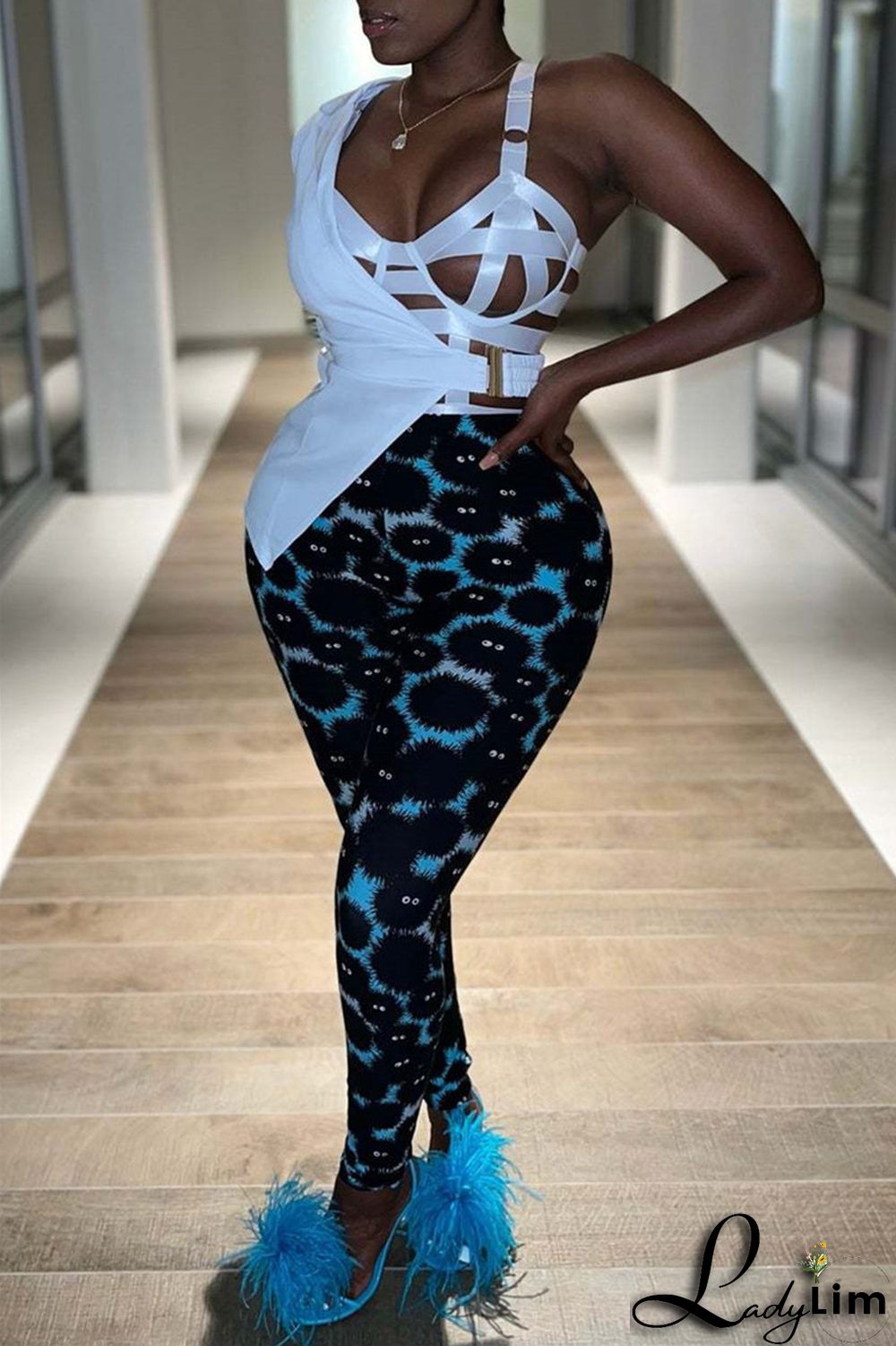 Yellow Fashion Casual Print Basic Skinny High Waist Pencil Trousers