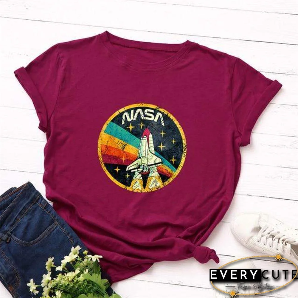 Summer Plus Size Shirt S-5XL New ROCKET Print TShirt Women 100%Cotton O Neck Short Sleeve Tees Casual Tops Woman TShirts