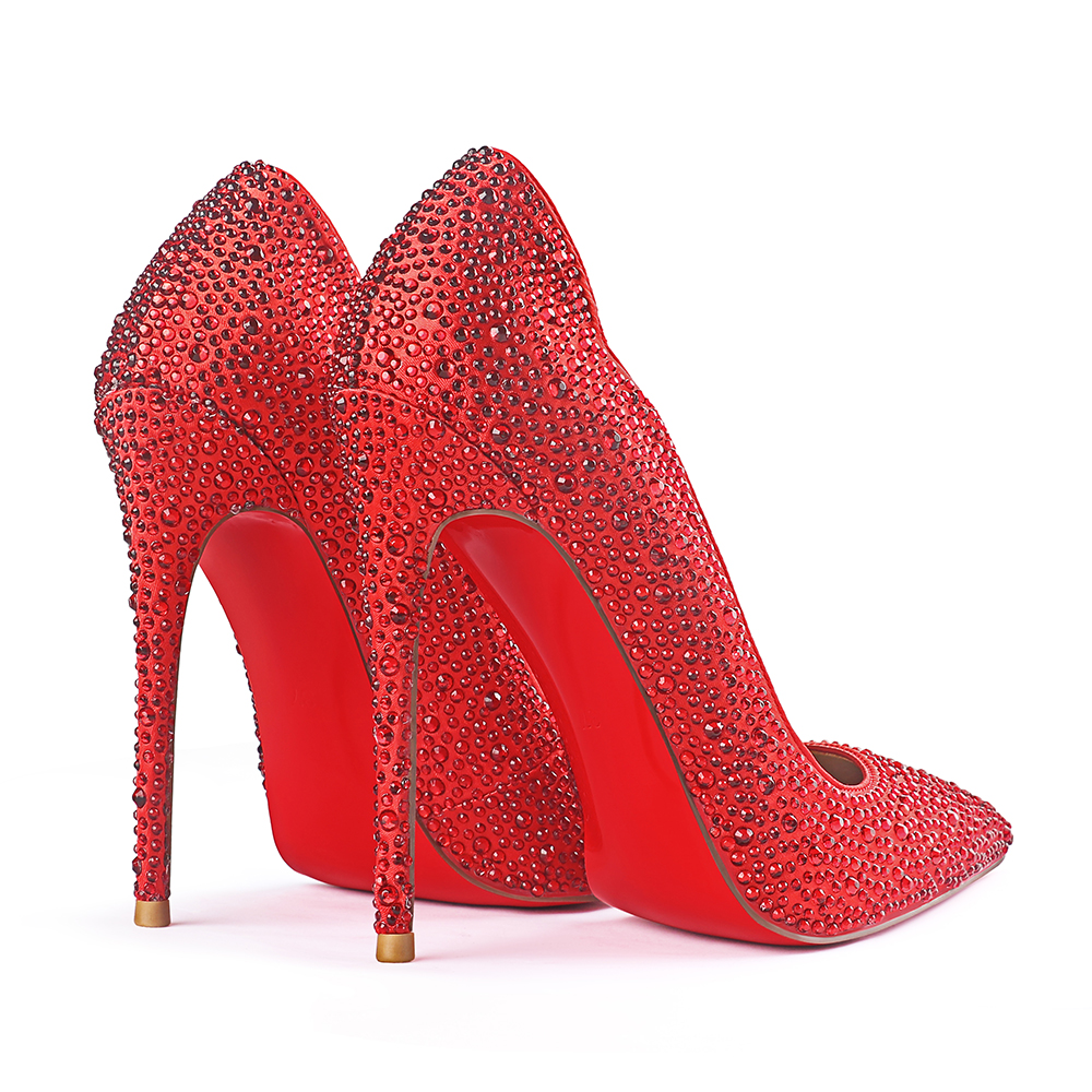 100mm/120mm Women's High Heels Party Wedding Stilettos Patent Red Bottom Rhinestone Pumps-MERUMOTE