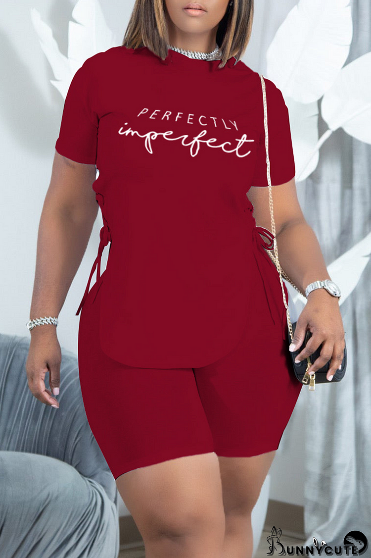 Burgundy Sexy Print Slit O Neck Short Sleeve Two Pieces