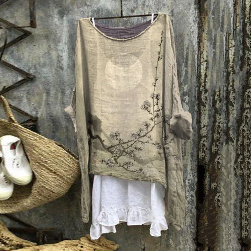Vintage Flower Art Cotton Linen Round Neck Casual Shirt
